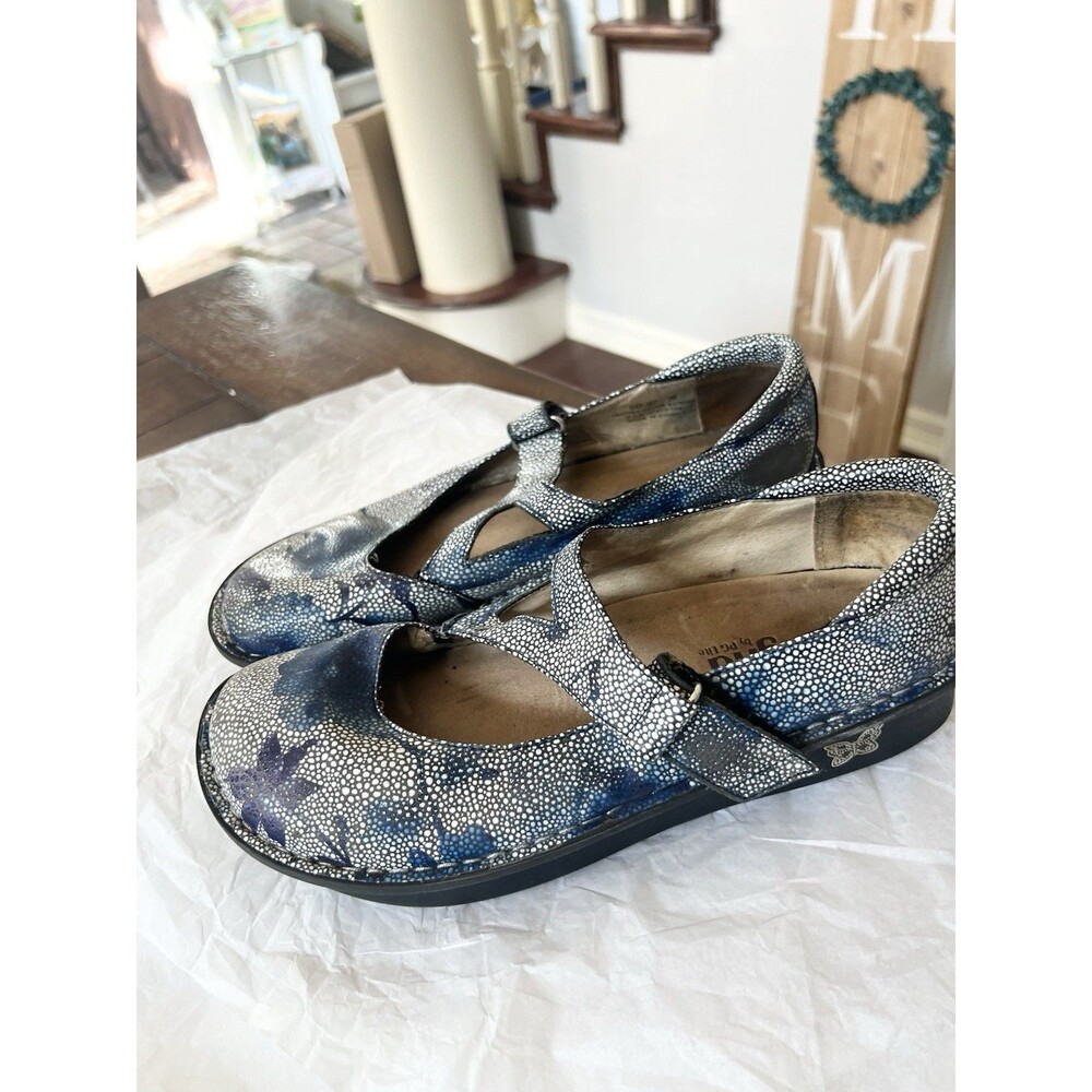Alegria Dayna Blue Floral Leather Mary Jane Clogs Shoes 39 8.5
